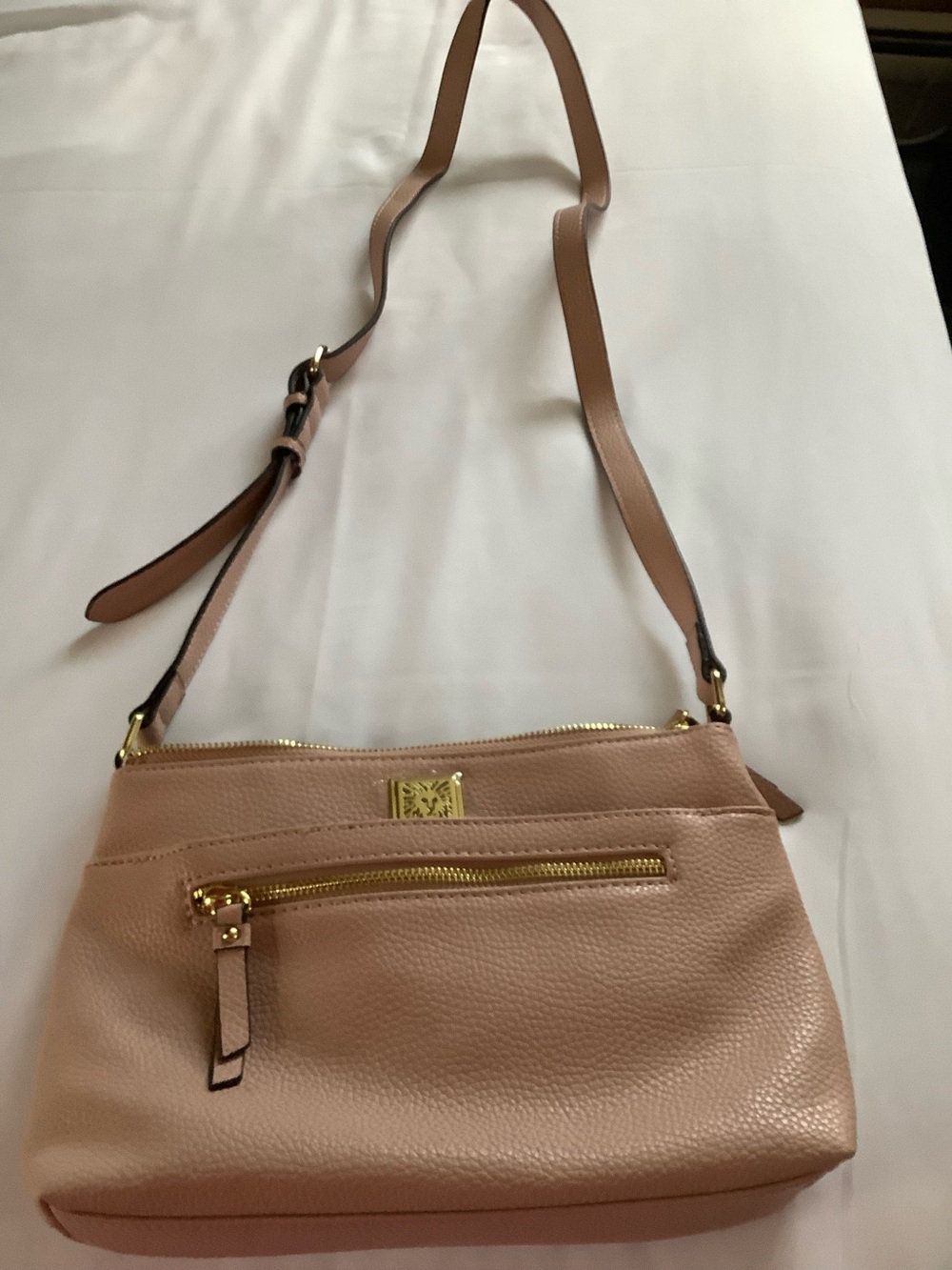 Anne Klein Blush Pink Pebbled Leather Crossbody with Gold Hardware